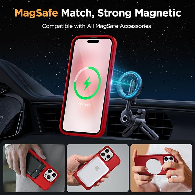 Miracase Magnetic for iPhone 15 Pro Case 6.1 inch (Compatible with MagSafe)（with 2X Screen Protectors）Military-Grade Protection, Anti-Fingerprint Translucent Matte Phone Cover, Red