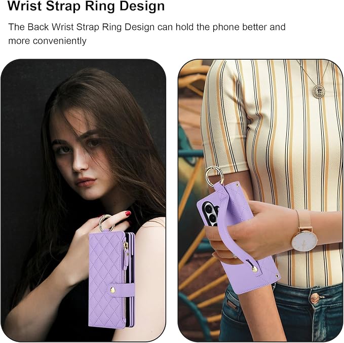 KIHUWEY for Galaxy Z Fold 7 Wallet Case with Card Holder Premium Leather Magnetic RFID Blocking Shockproof Zipper Wrist Strap Lanyard Cover for Samsung Galaxy Z Fold 7 8.0 Inch (Purple)