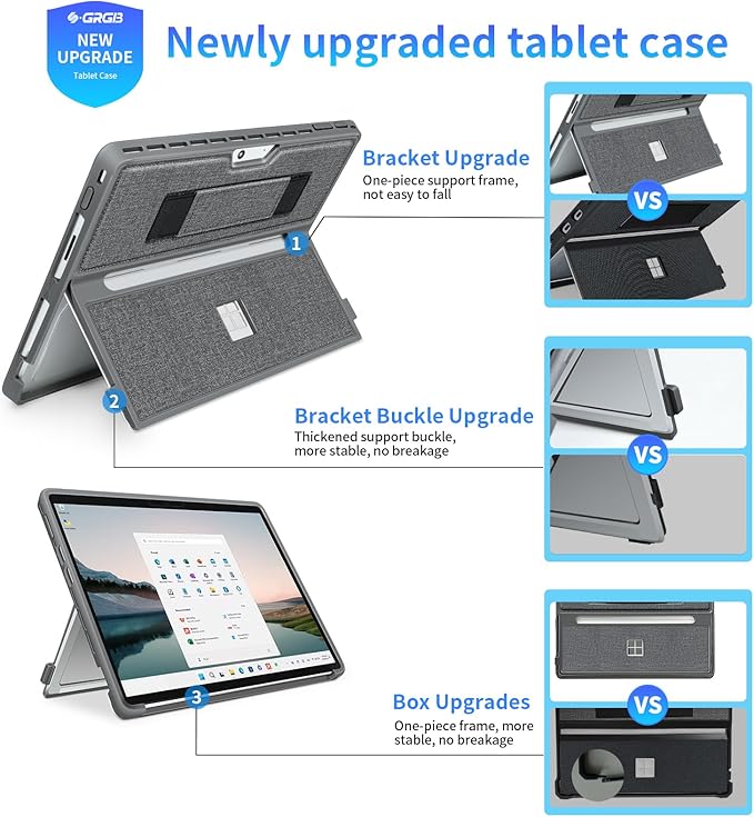 Case fit Microsoft Surface Pro 11/10/9/8 13-Inch, with Stent Cover, Hand Strap, All-in-one Rugged Case Compatible with Type Cover Keyboards, Gray
