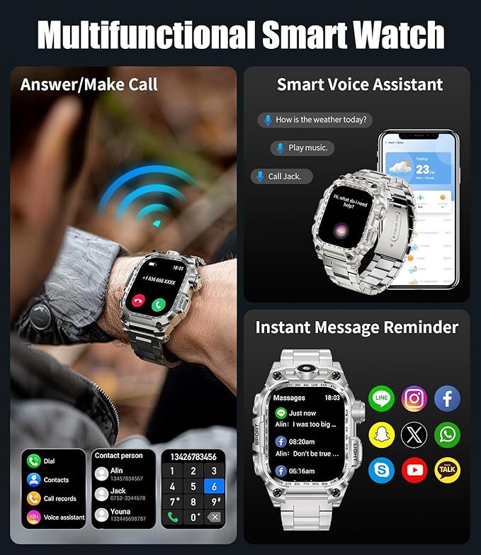 Military Smart Watches for Men(Answer/Make Calls),2.01"HD Screen Sports Smartwatch with LED Flashlight,700mAh Battery,Heart Rate/Sleep Monitor Fitness Tracker for Android iOS,100+Sport Modes,Sliver