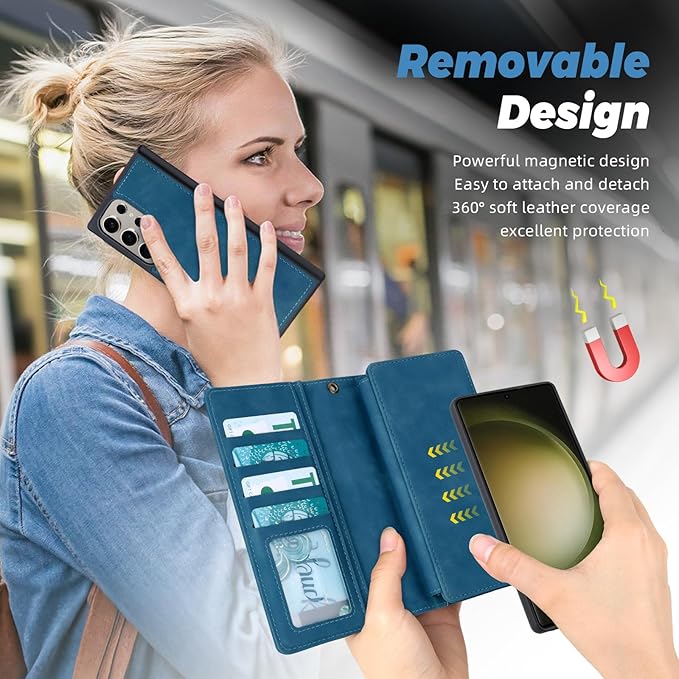 TwoHead for Samsung Galaxy S23 Ultra Wallet Case with Card Holder & Detachable Magnetic Phone Case for Galaxy S23 Ultra,PU Leather Shockproof Protective Phone Cover Wallet(6.8 in,Navy Blue)