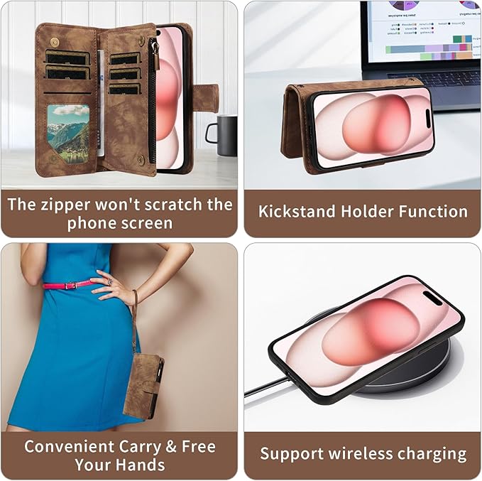 Asuwish Phone Case for iPhone 15 6.1 inch Zipper Wallet Magnetic Cell Cover with Tempered Glass Screen Protector Crossbody Strap Flip Credit Card Holder iPhone15 5G i i-Phone i15 15Case Women Brown
