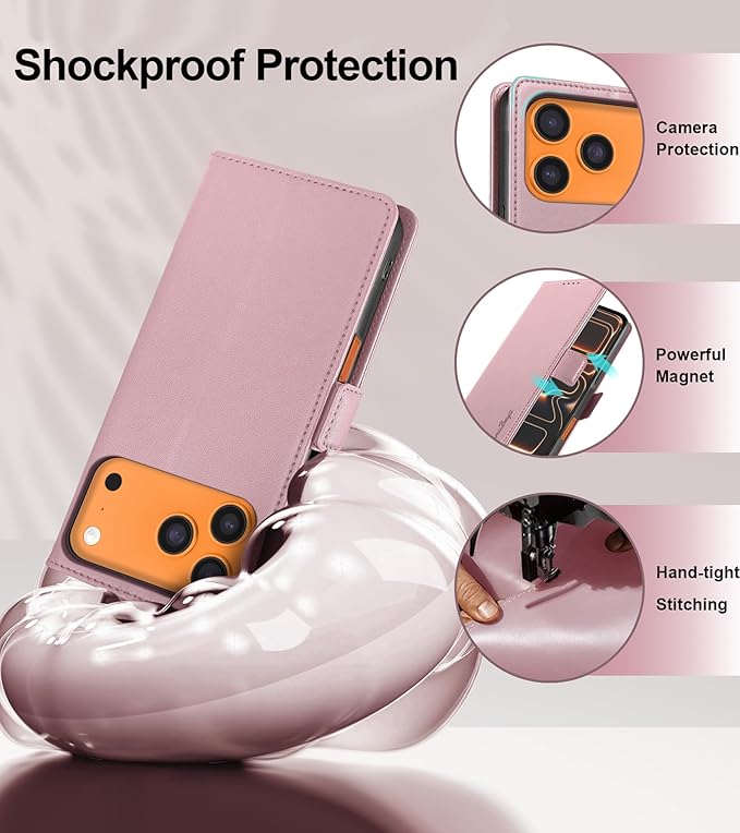 Wallet Flip Case for iPhone 17 Pro Max 5G - [RFID Blocking] Luxury PU Leather Card Holder Magnetic Phone Cover with Kickstand,Shockproof Protective Case,Pink