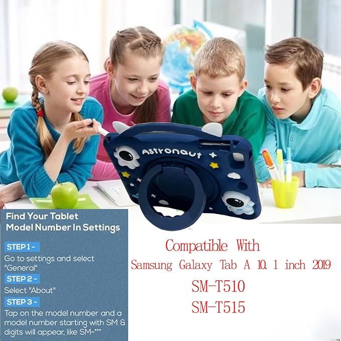 3D Cute Press Astronaut Case for Samsung Galaxy Tab A 10.1 inch 2019 SM-T510/T515(Not for Other 10.1 inch Tablet),Kawaii Cartoon Space Soft Silicone Rotating Stand Case with Lanyard for Kids Teens