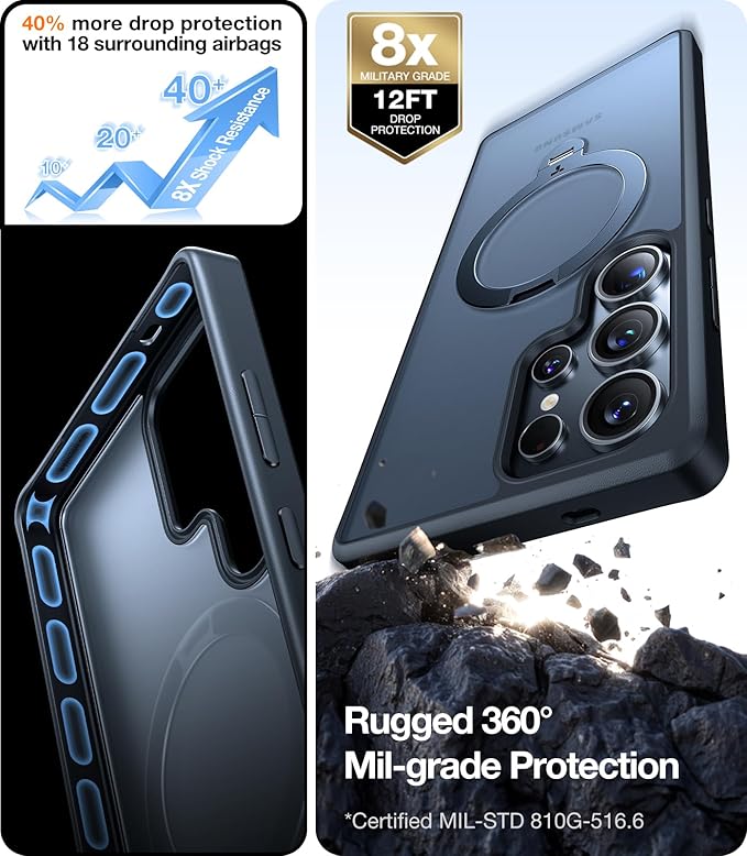 TORRAS 360 Spin Magnetic Stand for Samsung Galaxy S25 Ultra Case, Fit for Magsafe, Military Grade Slim Protective S25 Ultra Case with Kickstand & Ring Holder, Ostand Spin, Translucent Frosted Black