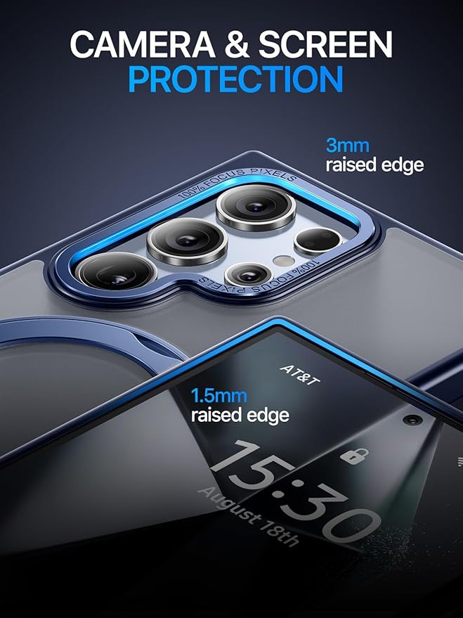 QTlier for Samsung Galaxy S24 Ultra Case, 360° Rotatable Magnetic Ring Stand Case, [Military-Grade Protection] [Raised Camera Frame] Case for Samsung Galaxy S24 Ultra, Matte Translucent Blue