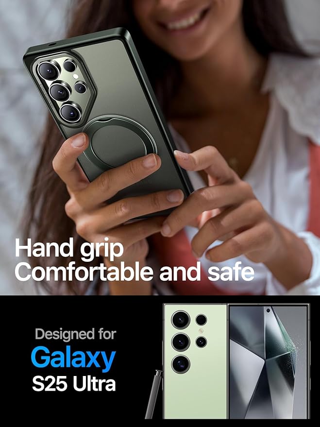 QTlier Phone case for Galaxy S25 Ultra- 360 Rotatable Magnetic Ring Stand, Military-Grade Protection, Raised Camera Frame Green