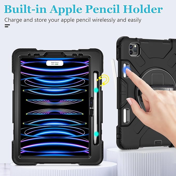 Case for iPad Pro 11 Inch (2022/2021/ 2020/2018): Silicone Cover for iPad 11 (4th/ 3rd/ 2nd/ 1st) Generation with Screen Protector- Stand- Handle- Shoulder Strap- Pencil Holder- Black