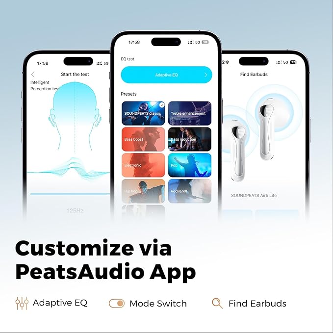 SoundPEATS Air5 Lite Wireless Earbuds with Hi Res Audio, Bluetooth 5.4 Semi in Ear Earphones, 13mm Drivers, LDAC Codec, ENC Headphones for Calls, Stereo Sound, 30 Hrs Fast Charge