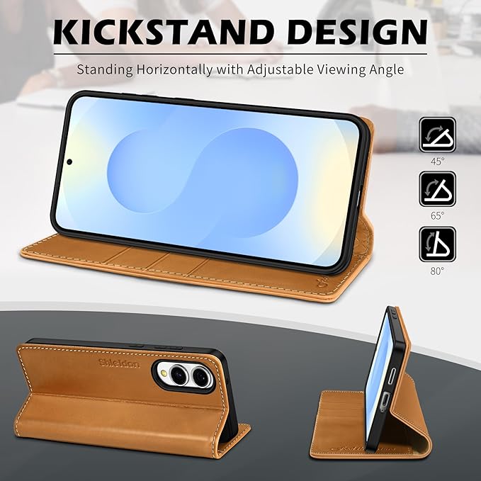 SHIELDON Case for Galaxy S25 Edge 5G 6.7", Genuine Leather Wallet Flip Book RFID Blocking Card Holder Kickstand Shock Absorbing Protection Case Compatible with Galaxy S25 Edge - Retro Light Brown