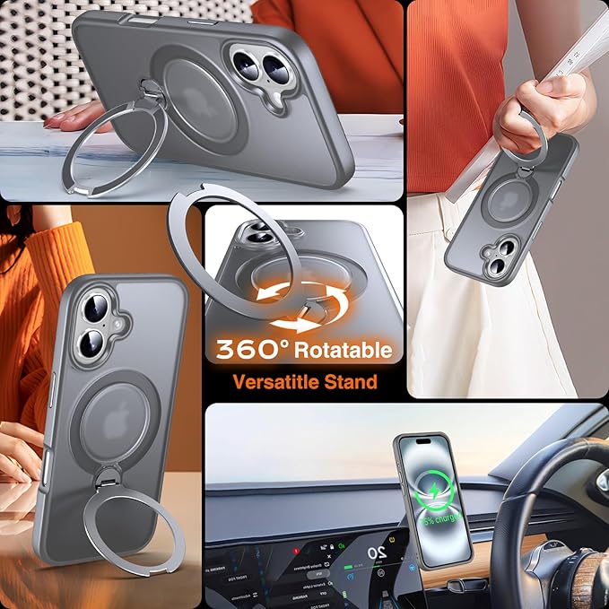360° O-Ring MagStander for iPhone 16 Case with Magnetic Kickstand Ring Holder [Compatible with MagSafe][360°Rotate Stand Ring][Military Shockproof] Magnet iPhone 16 Phone Cover Matte Grey