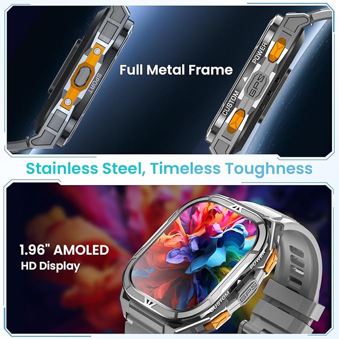 Smartwatch for Men GPS Sports Watch, 1.96" AMOLED Display, 5ATM Waterproof Metal Military Smart Watches, Fitness Activity Tracker with Compass Pedometer Sleep/Heart Rate Monitor for Android iOS Gray