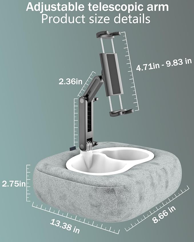 Charchendo Tablet Pillow Stand Soft Plush Fabric With Adjustable Telescopic Arm, 360° Adjustable iPad Stand for Bed, Sofa, Detachable Bowl, Fit for 4"-12.9" Kindle, iPad, Phone/Tablet, Google, Samsung