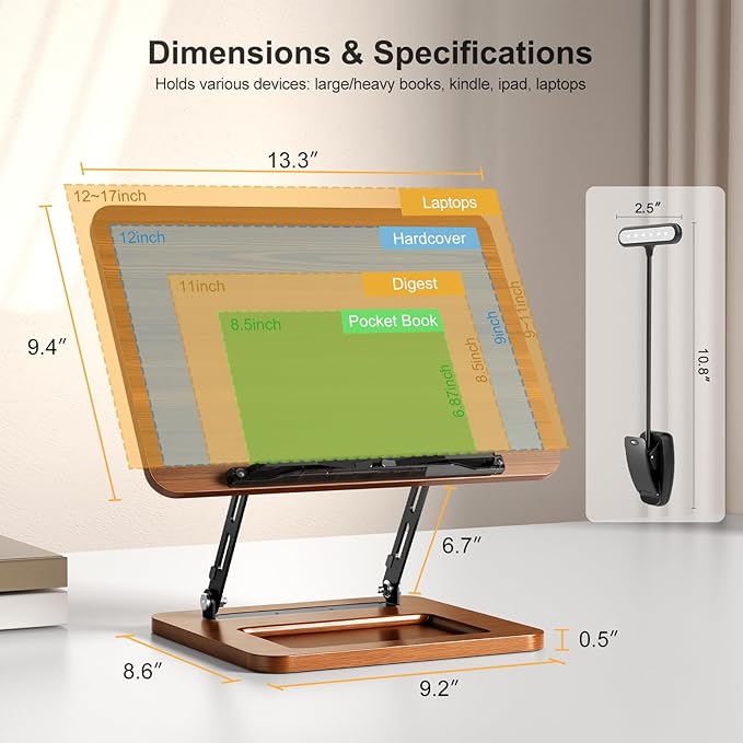 Book Stand for Reading with Light, Book Holders for Reading Hands Free, Adjustable Height & Angle, Fits Cookbook Recipe, Textbook, Kindle,Foldable for Kitchen, Office, School,Gift for Book Lovers