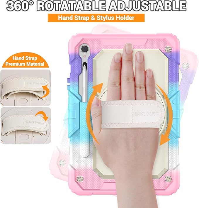 SEYMAC Case for Samsung Galaxy Tab S10 Lite/ S10 FE/ S9 FE/ S9 5G (10.9''/11''), Heavy Duty Shockproof Protective Case with Screen Protector, Rotating Stand, Hand Strap and Pen Holder, Pink