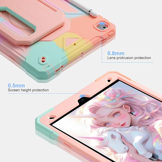 for iPad 9th/ 8th/ 7th Generation Case (iPad 10.2 inch Shockproof Case) with 360 Rotating Grip Magic Stand, Pencil Holder/Keychain/Carrying Shoulder Strap, for iPad 10.2 inch Girls (Colourful)
