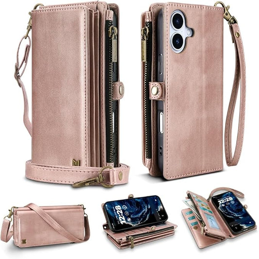 for iPhone 17 Wallet Phone Case with 7 Card Holder,RFID Blocking | PU Leather | Kickstand | Flip | Wrist Strap&Shoulder Strap | Shockproof | Zipper Wallet | Women Men | 6.3" | Rose Gold