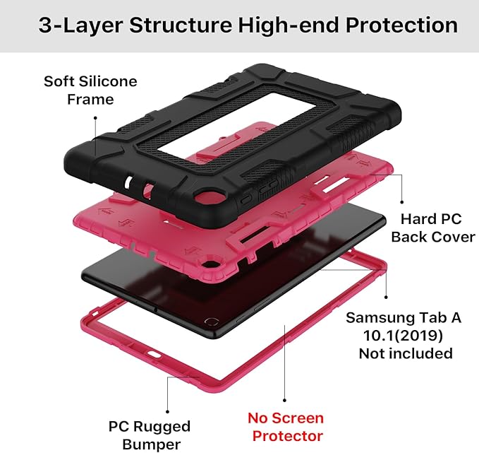 Case for Samsung Galaxy Tab A 10.1 2019,Hybrid Shockproof Rugged Drop Protection Cover with Kickstand for Samsung Galaxy Tab A 10.1 Inch SM-T510 / T515(Black+Rose)