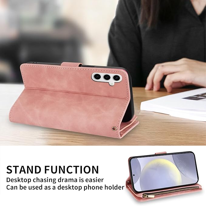 ZZXX for Samsung Galaxy S24 Plus Wallet Case with RFID Blocking Card Slot PU Leather Zipper Flip Folio with Strap Kickstand Protective Cover for Samsung Galaxy S24+ Case Wallet(Pink-6.7 inch)