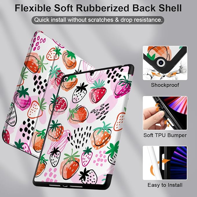 DONGKE Case Compatible with iPad 10.2 Inch 2021 2020 2019 iPad 9th/8th/7th Generation with Pencil Holder, Slim Stand Protective Case with Soft TPU Back, Auto Sleep/Wake Cover, Strawberrys
