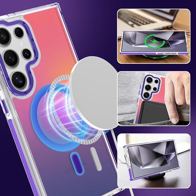 MOWIME Magnetic Case for Samsung Galaxy S24 Ultra [Compatible with Magsafe] [Cute Fashion Fluorescent Design] [1 Screen Protector] Slim Translucent Matte Case for Galaxy S24 Ultra 6.8", Purple