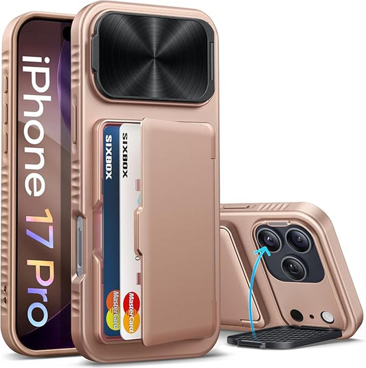 for iPhone 17 Pro Case with Card Holder & Stand & Camera Cover, Military Grade Drop Protection Hard Rugged Multifunctional Wallet Kickstand Protective Phone Case for iPhone 17 Pro, Rose Gold