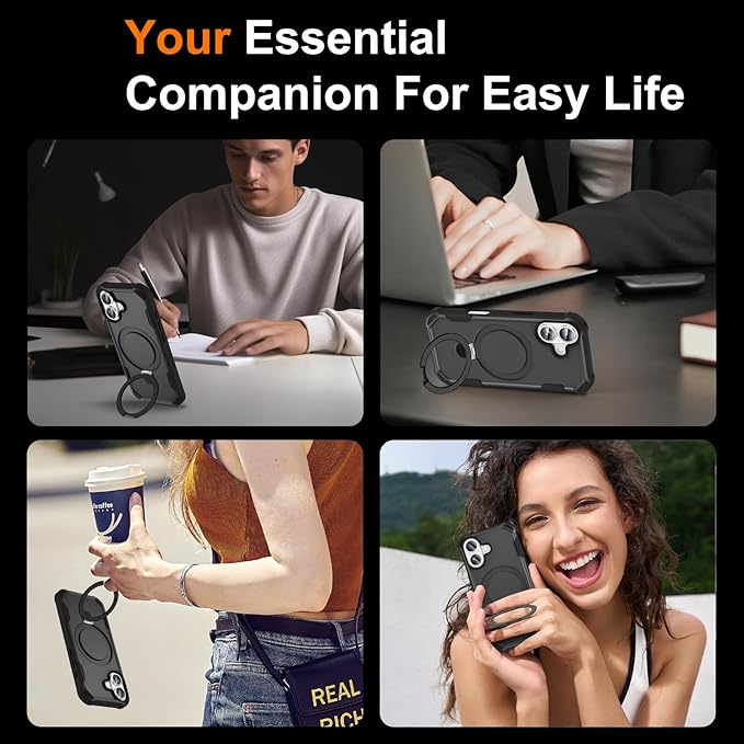 Compatible with iPhone 17 Case with Invisible Magnetic Ring Stand [Compatible with Magnetic] [Military Drop Protection] Shockproof Slim Hard Back Soft Edge Case 6.3 Inch, Black