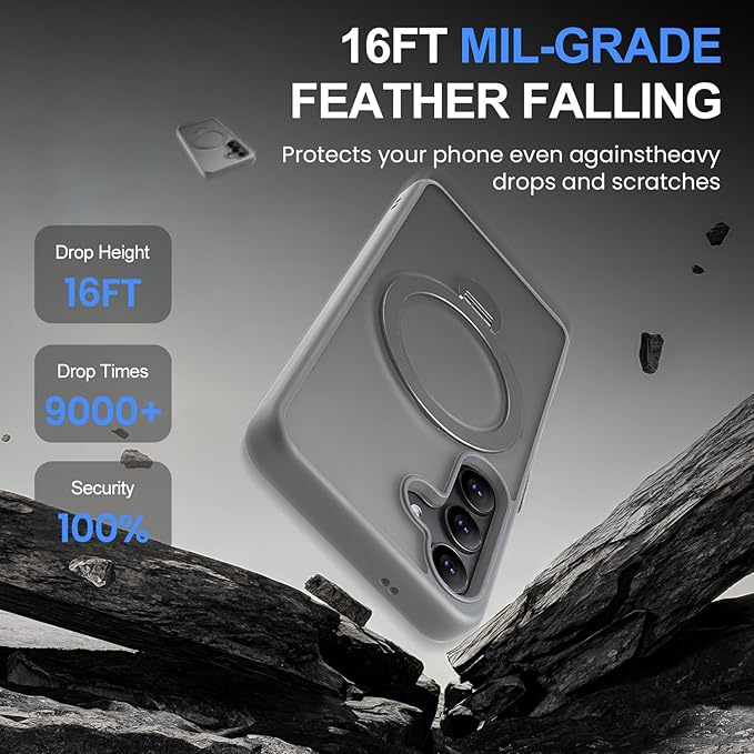 360° Rotatable Stand for Samsung Galaxy S25 Plus Case Magnetic with Screen Protector X1 & Camera Lens Protector*1, Compatible with MagSafe, 16FT Mil-Grade Shockproof for S25 Plus Case 6.7"，Gray