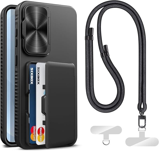 for Samsung Galaxy S25+ Plus Case with Card Holder & Stand & Phone Lanyard Crossbody (2X Phone Tabs) & Camera Cover, Rugged Protective Wallet Kickstand Phone Cover Case for S25 Plus 6.7", Black