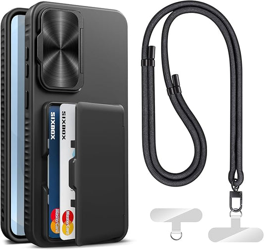 for Samsung Galaxy S25+ Plus Case with Card Holder & Stand & Phone Lanyard Crossbody (2X Phone Tabs) & Camera Cover, Rugged Protective Wallet Kickstand Phone Cover Case for S25 Plus 6.7", Black