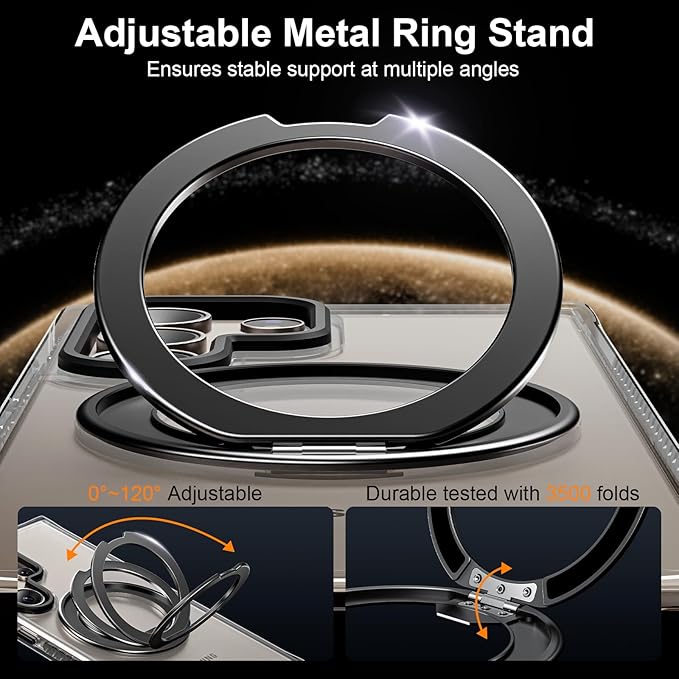 for Samsung Galaxy S24 Ultra Case,Compatible with Magsafe,with 360°Rotatable Magnetic Ring Stand [Wireless Charging], Clear Slim Soft Edge Phone Kickstand,Clear & Black