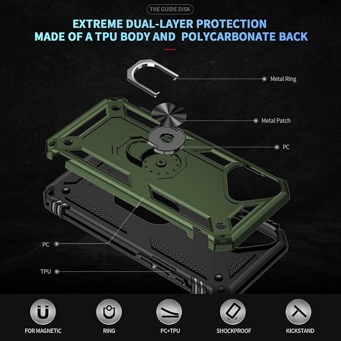 ADDIT Compatible with iPhone 17 Case with Tempered Glass Screen Protector, Adjustable Kickstand Ring, Military-Grade Heavy Duty Protection, Shockproof, Anti-Fingerprint,ArmyGreen