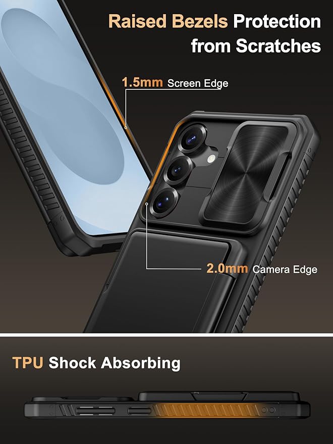 Vihibii for Samsung Galaxy S25+ Plus Case with Card Holder (4 Cards), [RFID Blocking] & Slide Camera Cover & Military Grade Drop Protection, Rugged Silicone Edge Wallet Case for Galaxy S25 Plus, Black
