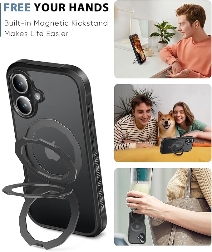 Compatible with iPhone 16 Plus Case, Built-in Screen Protector & Seamless Stand, with Camera Lens Protector, Strong Magnetic Matte Phone Case, Full Body Protective Cover for 6.7 Inch (Black)