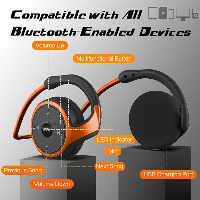 Small Bluetooth Headphones Wrap Around Head - Sports Wireless Headset with Built in Microphone and Crystal-Clear Sound, Foldable and Carried in The Purse, and 12-Hour Battery Life (Orange)