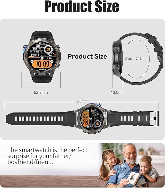 GPS Smart Watch for Men-5ATM/IP69K Waterproof,45 Days Standby(500mAh),1.43" AMOLED Rugged Military Smartwatch with Compass Barometric Altitude,170+ Sport Modes Smart Watches for Android iPhones