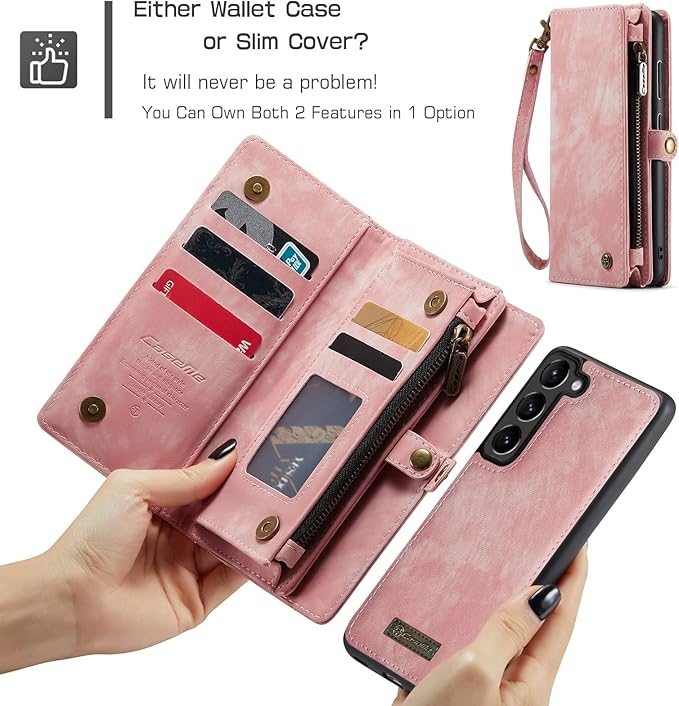SZHAIYU 2 in 1 Detachable for Samsung Galaxy S23 Wallet Case with Card Holder, Retro Premium Flip Leather Cover Magnetic Zipper Pocket Phone Cases 6.1'' (Pink,S23)