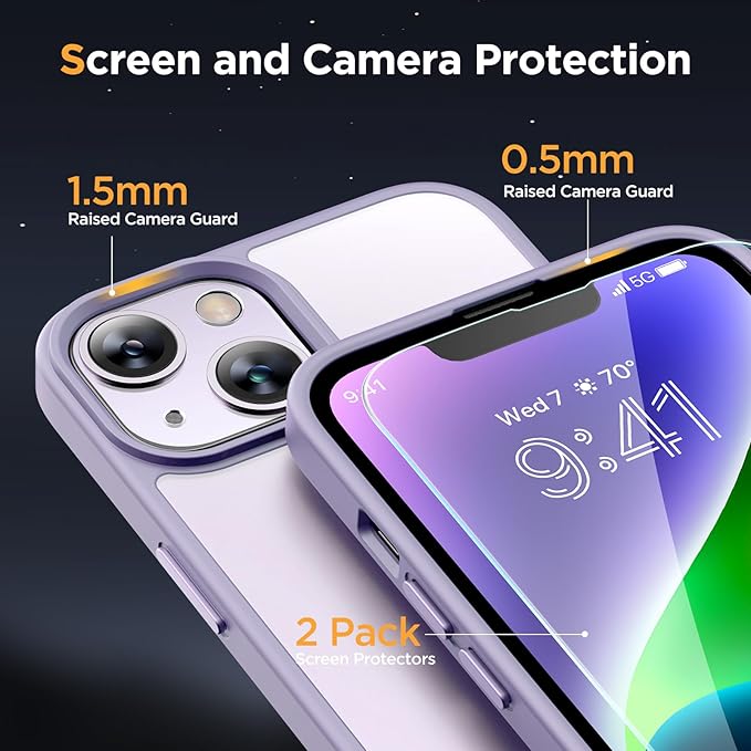 Miracase Magnetic for iPhone 14 Plus Case 6.7 inch (Compatible with MagSafe)（with 2X Screen Protectors） Military-Grade Protection, Anti-Fingerprint Translucent Matte Phone Case Cover, Light Purple
