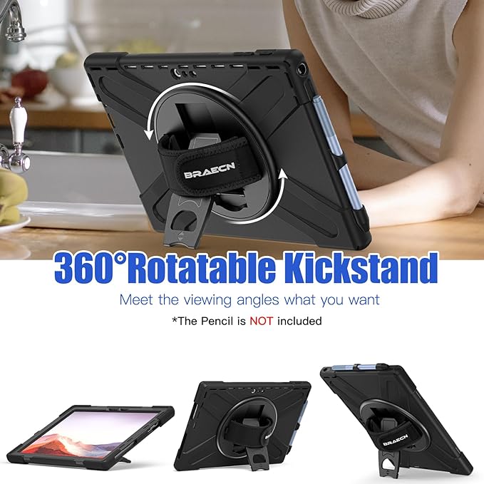 BRAECNstock Silicone Case for Microsoft Surface Pro 7+ Plus/Pro 7/6/5/4 12.3" Rugged Surface Pro 7+/7/6/5/4 Kids Cover with Screen Protector Rotating Hand Strap+Stand Pen Holder Shoulder Strap - Black