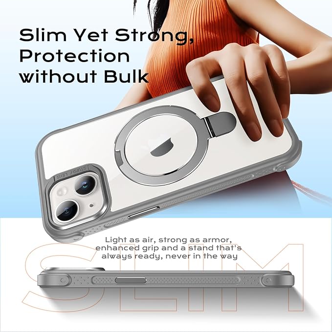 Anqrp O-Ring Magnetic Kickstand Clear Case for iPhone 14/13, Compatible with Mag-Safe, Military-Grade Reinforced 4-Corners Anti-Yellowing Transparent Phone Case Cover for iPhone 13/14, Gray