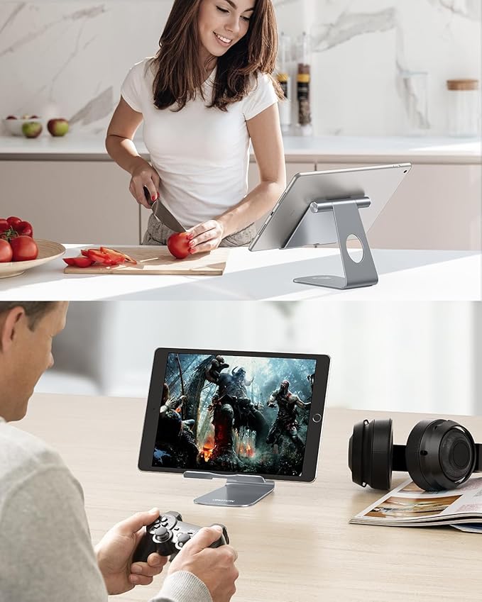 OMOTON Tablet Stand Holder Angle Adjustable, T1 Desktop Aluminum Tablet Dock Cradle Compatible with iPad Air/Mini/Pro 11/12.9, iPad 10.2, Samsung Tab and More UP to 12.9'', Grey