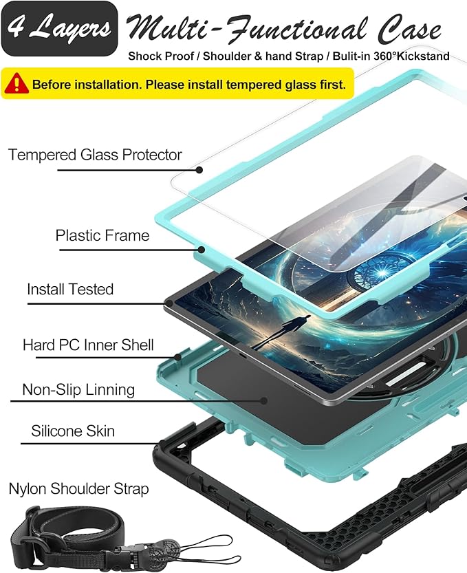 Case for Samsung Galaxy Tab S10 FE Plus 5G Tablet 13.1'', Shockproof Protective Cover with Tempered Glass Screen Protector, Rotatable Kickstand, S Pen Holder, Hand/Shoulder Strap, SkyBlue