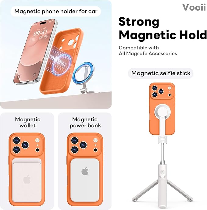 Vooii Magnetic Compatible with iPhone 17 Pro Case (Compatible with Magsafe) (Upgraded Camera Protection) Liquid Silicone Shockproof Full Body Protective Phone Cover for Women Men, Bright Orange, 6.3”