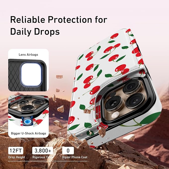 FUNMIKO for iPhone 16 Pro Wallet Case with Card Holder, RFID-Blocking, Military-Grade Protection & UV-Printed Artwork, Magnetic Closure with Leather Kickstand - Juicy Cherries