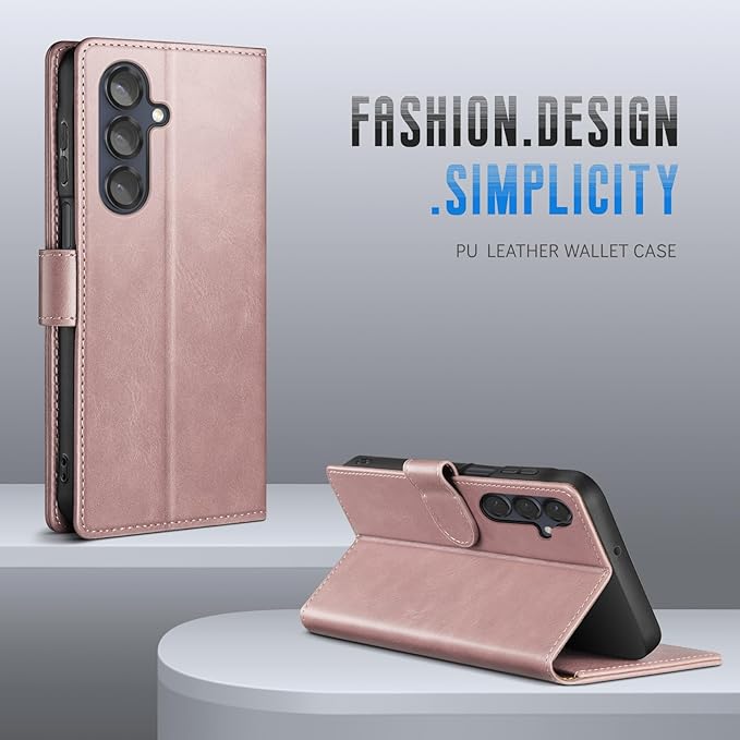 Wallet Case for Samsung Galaxy S25 5G Magnetic Flip Leather Folio Cover with RFID-Blocking Credit Card Holder, Women Men Protective Phone Case Compatible with Samsung S25, Rose Gold