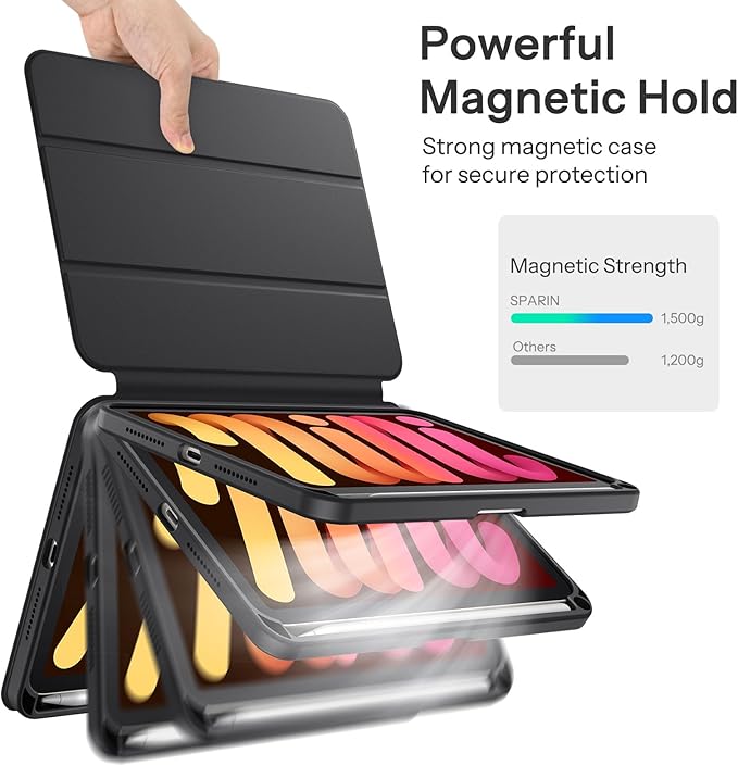 SPARIN Case for iPad mini 7 A17 Pro 2024/iPad Mini 6 2021 8.3 Inch, Detachable Magnetic Cover, Portrait/Landscape Stand with Pencil Holder, Support Auto Wake/Sleep (Black)