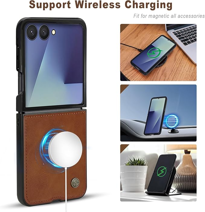 ASAPDOS Leather Folio Magnetic Case for Samsung Galaxy Z Flip 7 [Compatible with MagSafe],Built-in Screen Protector and PU Leather Thin Slim Protective Case Cover Brown