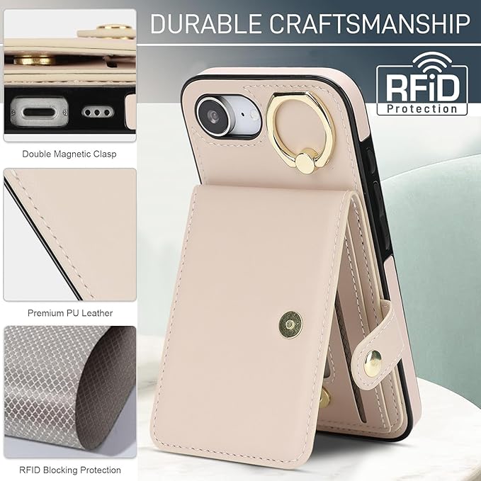 Compatible iPhone 16e Wallet Case with Card Holder RFID Blocking PU Leather Doubles as a Wallet Unisex Flip Shockproof Protection with Card Slots Ring Wrist Kickstand Function,White