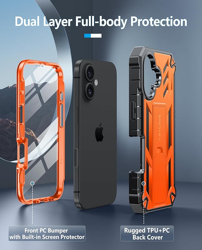 FNTCASE for iPhone 16 Phone Case: for iPhone 16 case with Kickstand Shockproof Military Grade Protective Cover - Dual Layer Full Protection Sturdy Matte Textured Drop Proof - 6.1 Inch Orange