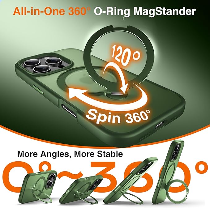 360° O-Ring MagStander for iPhone 16 Pro Case with Magnetic Kickstand Ring Holder [Compatible with MagSafe][360°Rotate Stand Ring][Military Shockproof] iPhone 16 Pro Phone Cover Matte Green